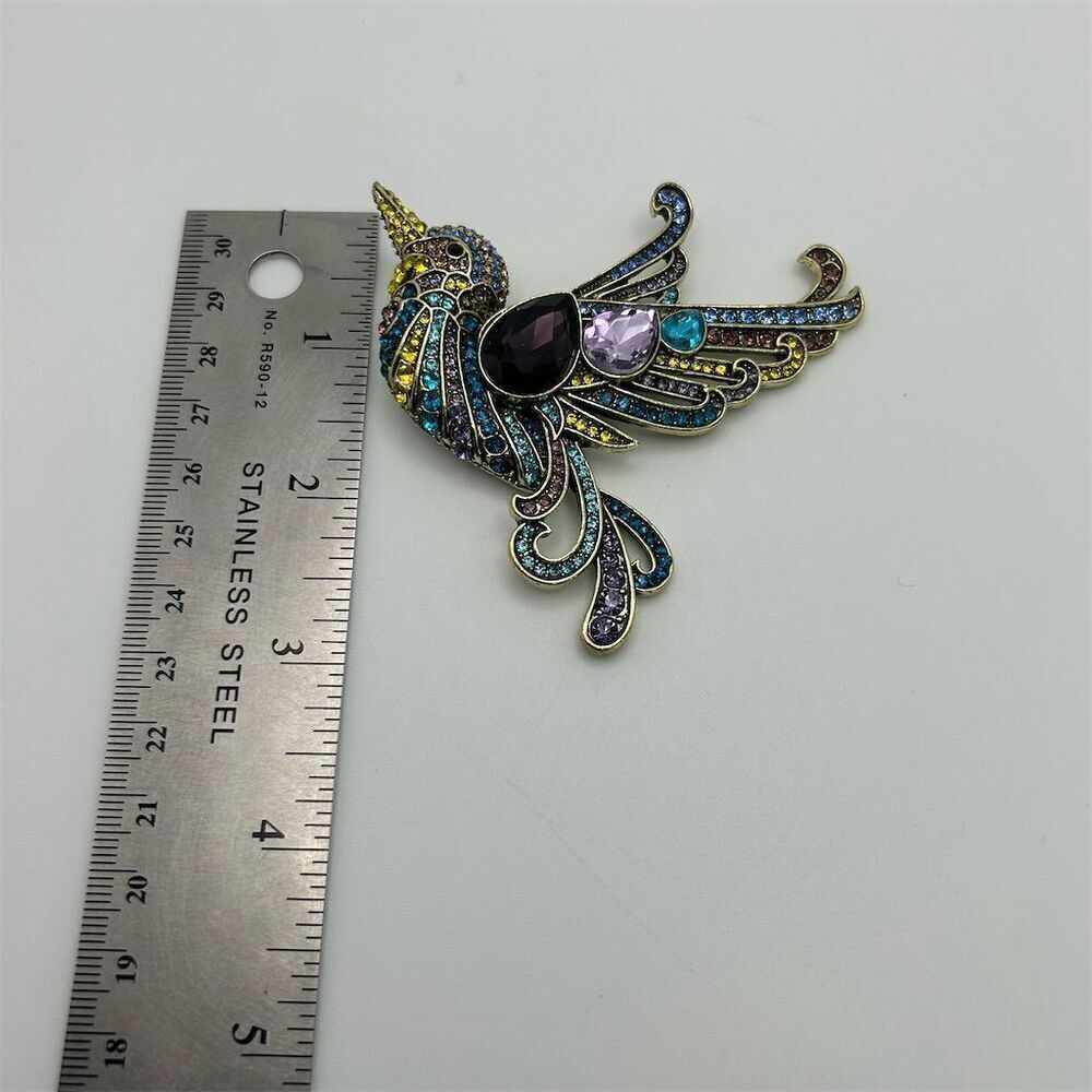 Vibrant Purple, Blue & Green Hummingbird Rhinestone Large Statement Brooch - Picture 5 of 8